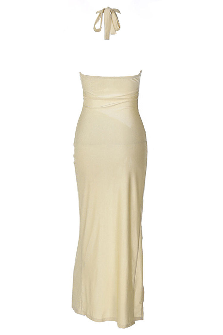 Halter O-Ring Cutout Ruched Side Slit Maxi Dress