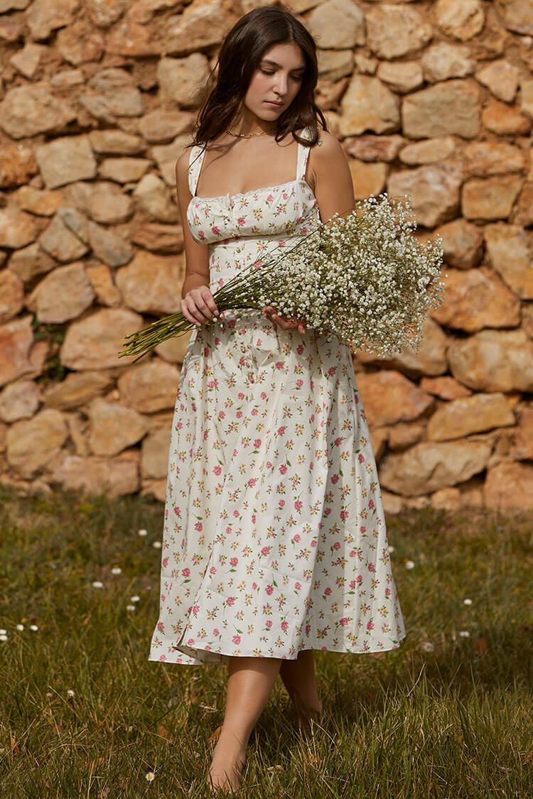 Square Neck Corset Bodice Button Front Ditsy Floral Fit and Flare Midi Dress