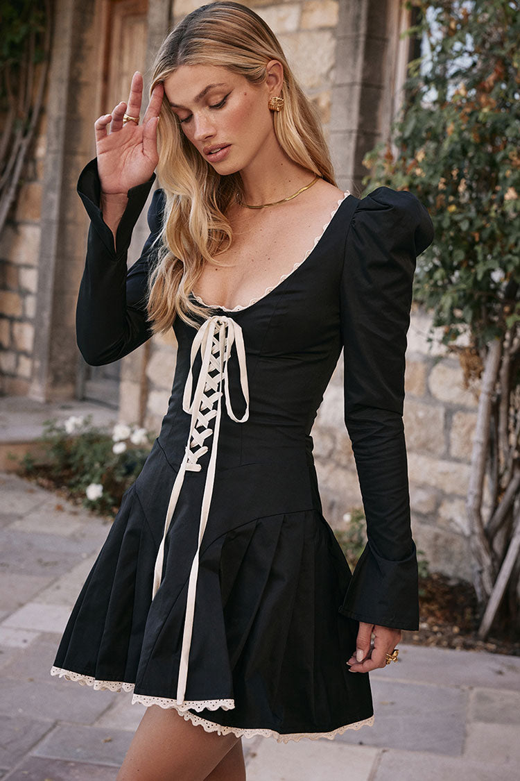 Scoop Neck Lace-Up Puff Sleeve Ruffle Hem Fit and Flare Mini Dress