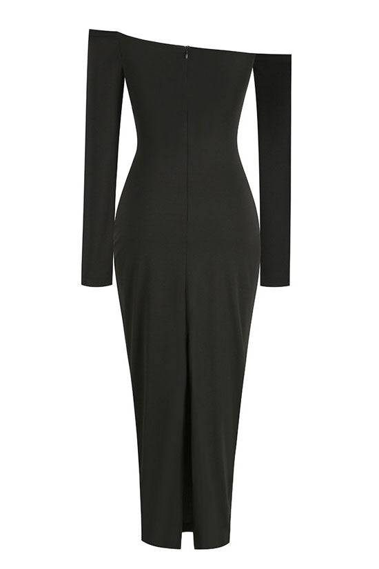 Off-Shoulder 3D Rosette Applique Long Sleeve Bodycon Maxi Dress