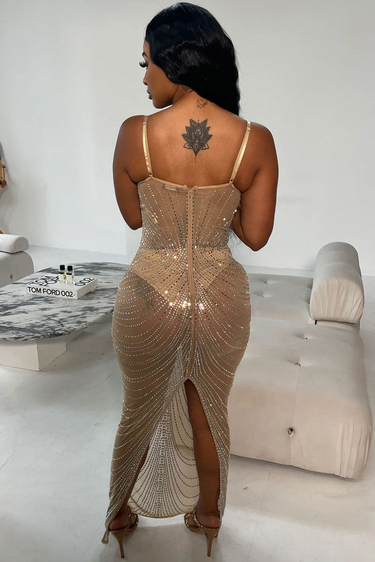Rhinestone Corset Sheer Mesh High Split Maxi Dress