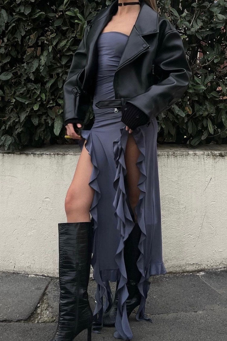 Strapless Side Slit Ruffle Trim Column Maxi Dress