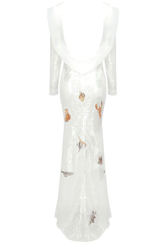 Off-Shoulder Ruffle Sequin Mesh Marine Applique Mermaid Maxi Dress