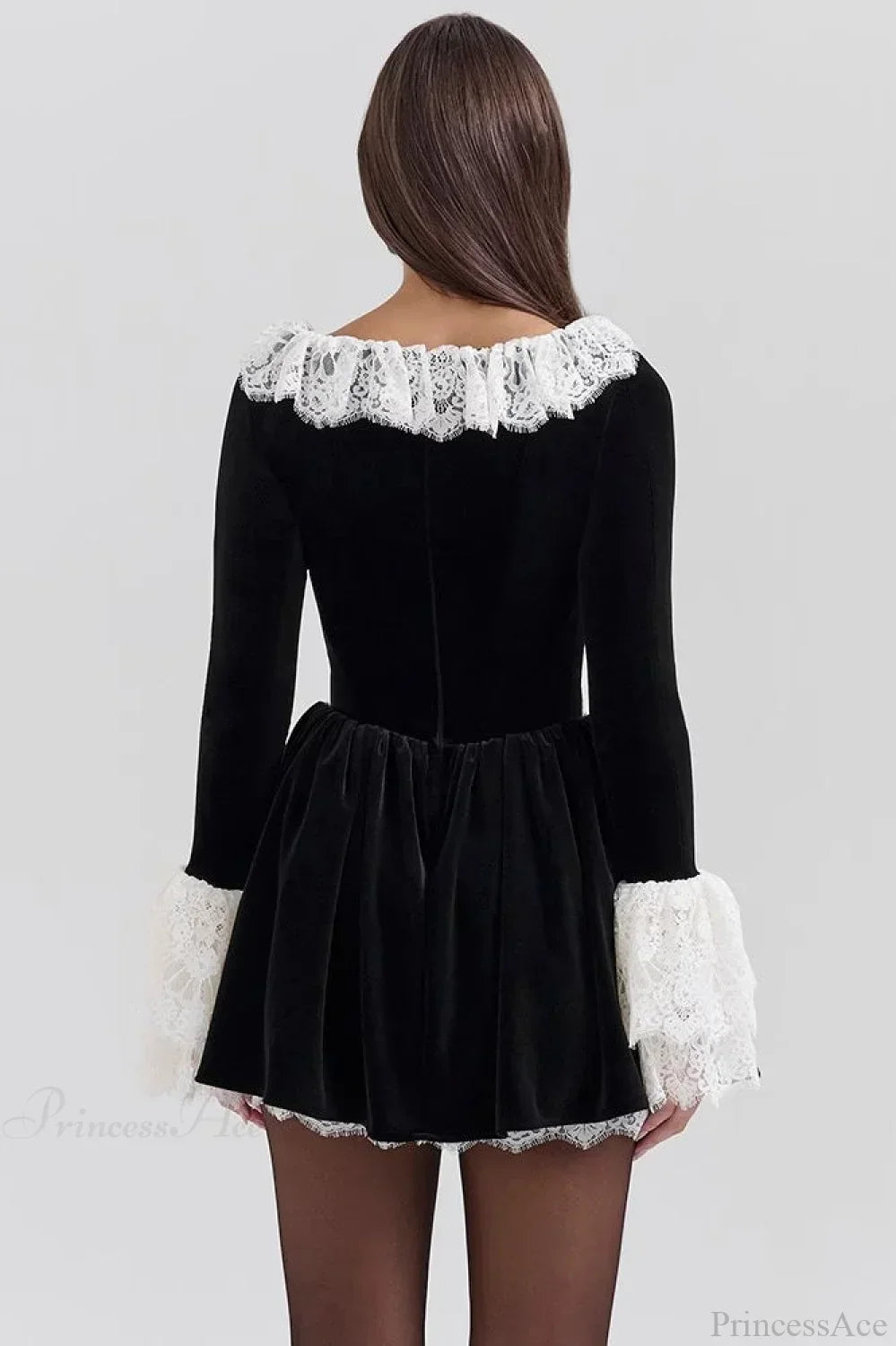Velvet Square Neck Lace Trim Bell Sleeve Ruffle Skirt Mini Dress