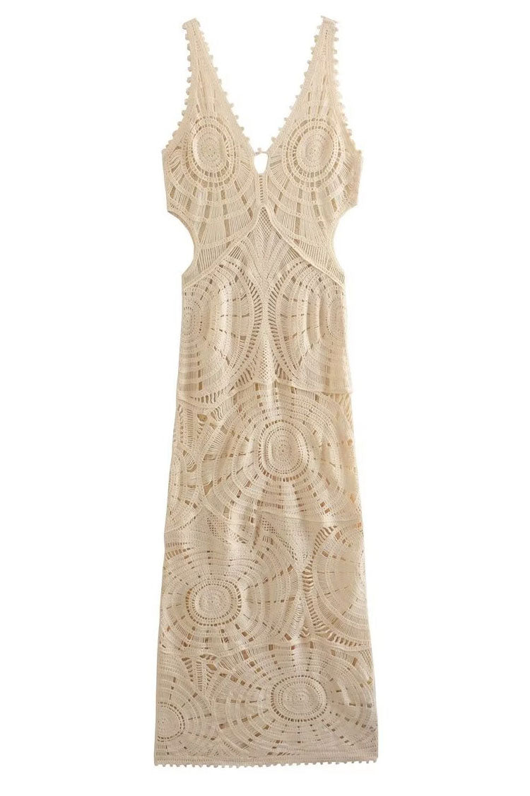 Crochet Circle Motif Deep V-Neck Sleeveless Open Knit Maxi Dress