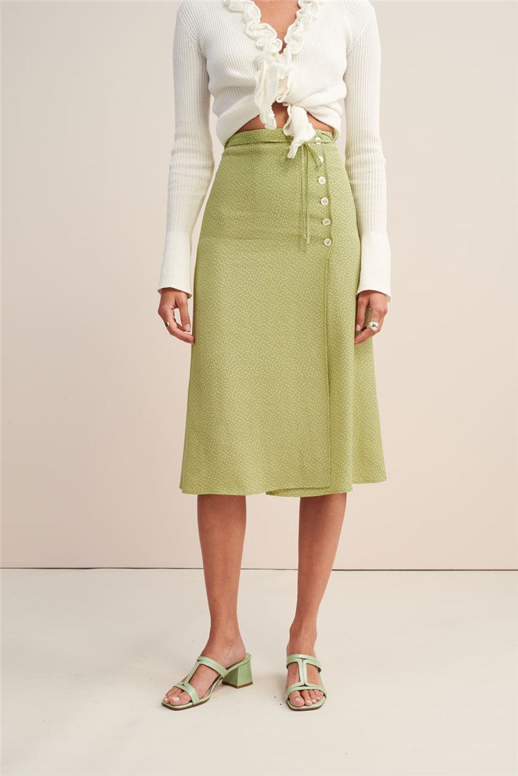 Silk Print Midi Skirt Green