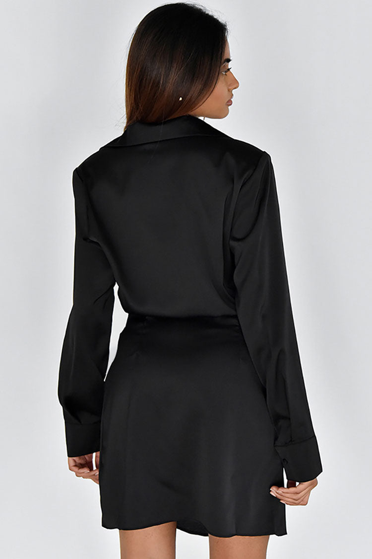Pointed Collar Wrap Front Ruched Satin Button Cuff Mini Dress