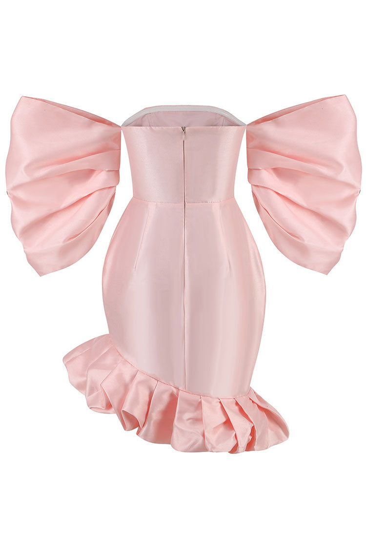 Off Shoulder Puff Sleeve Structured Ruffle Hem Satin Mini Dress