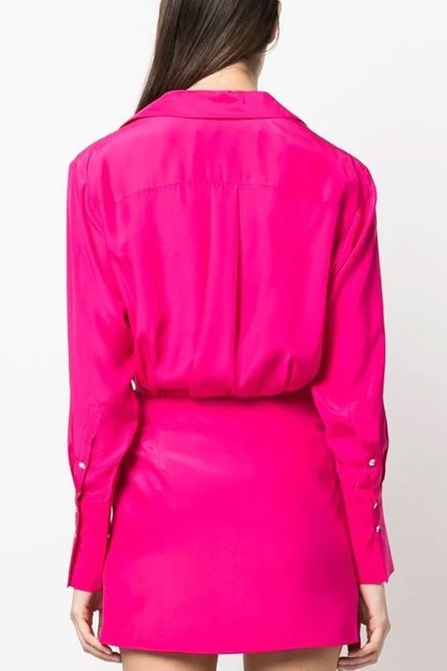 Collared Wrap Surplice Draped Cuff Long Sleeve Shirt Mini Dress
