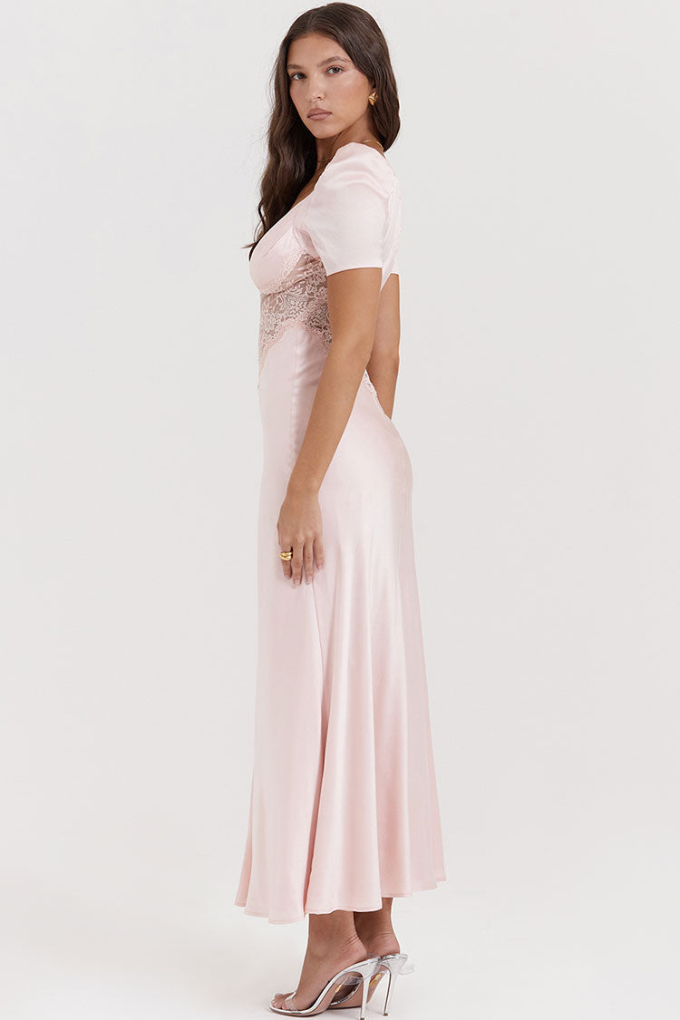 Satin Pleated Deep V-Neck Puff Sleeve Lace Panel Fishtail Maxi Gown