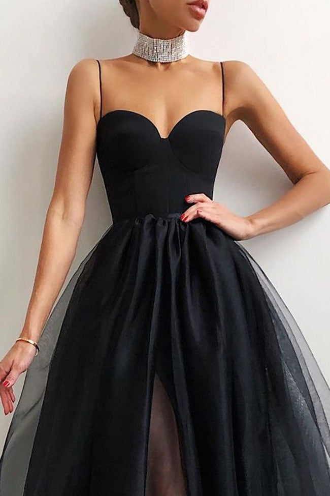 Sweetheart Corset Bodice Sheer Tulle High Slit Fit and Flare Midi Dress