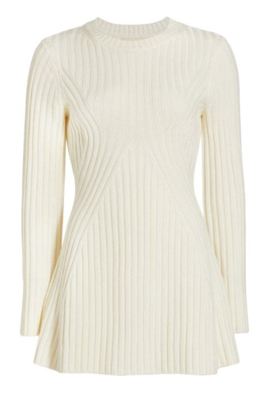 Ribbed Knit Crew Neck Long Sleeve Chevron Panel Fit and Flare Mini Dress