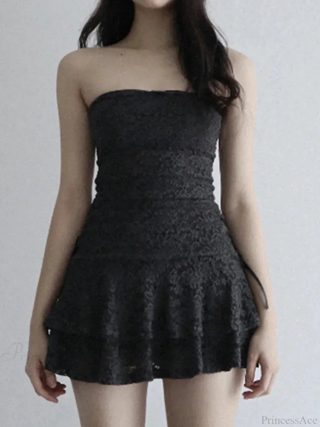 Strapless Ruched Lace Tube Bow-Side Tiered Mini Dress