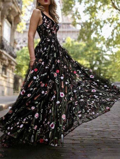 Floral Embroidery Mesh Plunge V-Neck Sleeveless Ball Gown Maxi Dress