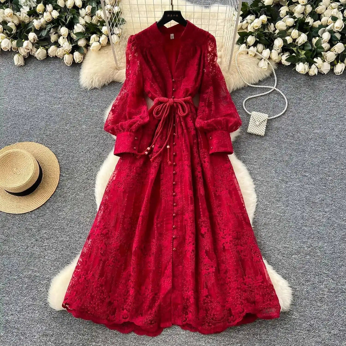 Beatrice Embroidered Pearl Midi Dress