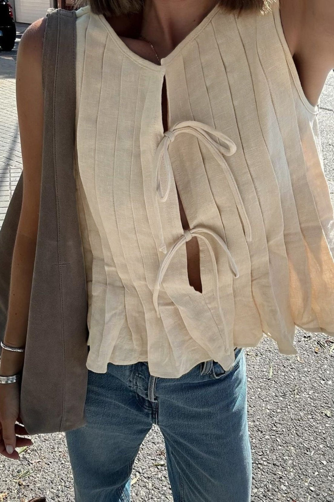 Juvy Tie Front Pleated Linen Tank Top