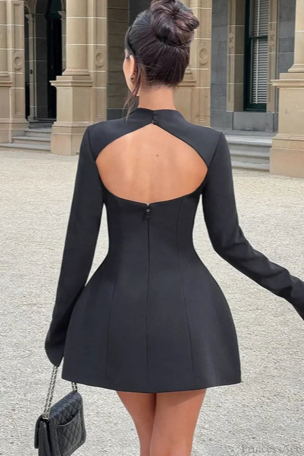 Mock Neck Long Sleeve Princess Seam Structured A-Line Welt Pocket Mini Dress