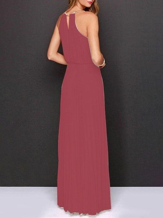 Pleated Chiffon Halter Chain Neck Floor Length Maxi Dress