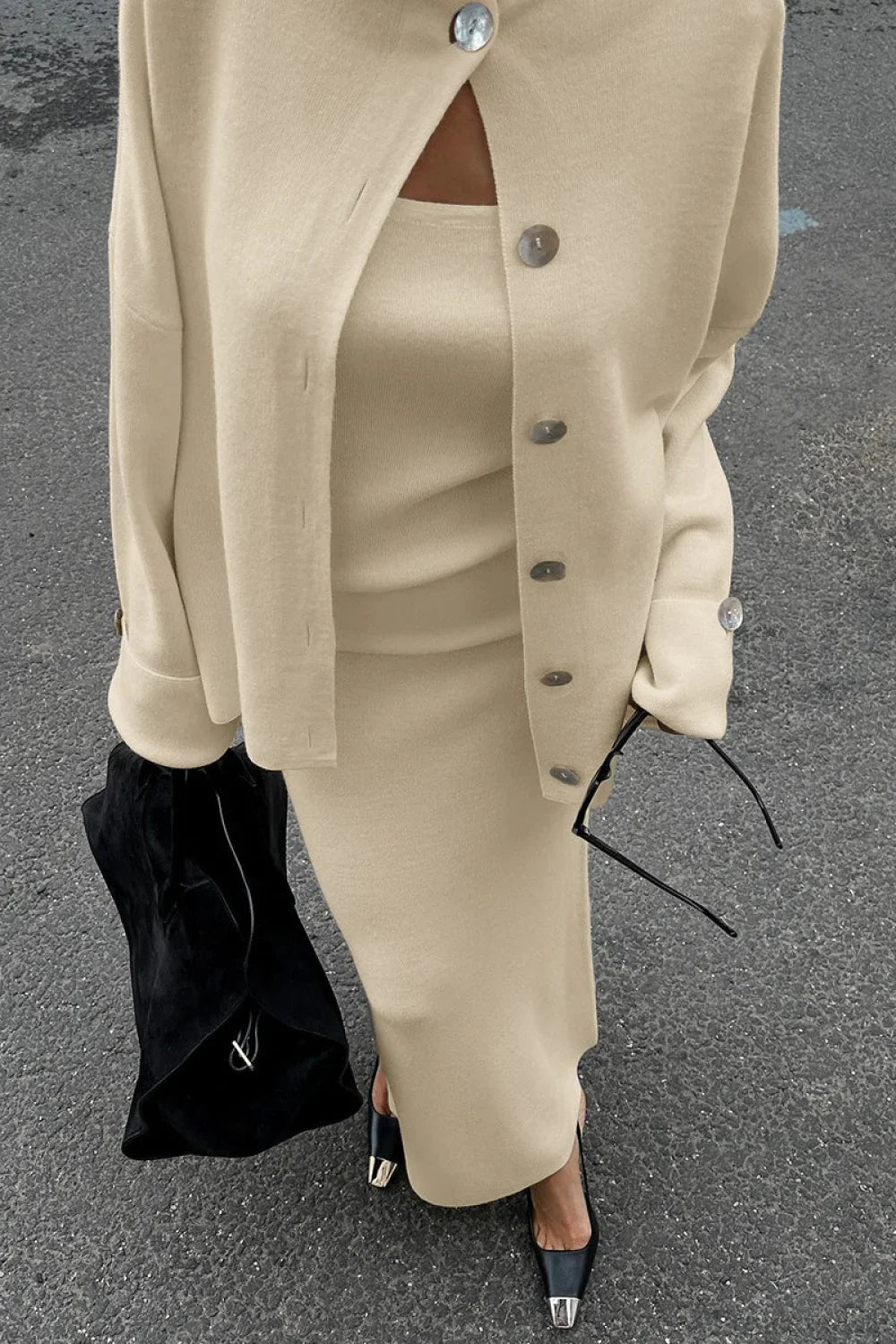 Solid Soft Minimalist Knit Cami Midi Skirt Three Piece Set