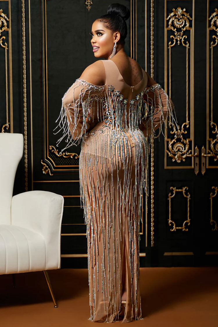 Cold Shoulder Rhinestone Embellished Beaded Fringe Sheer Mesh Floor Length Gown