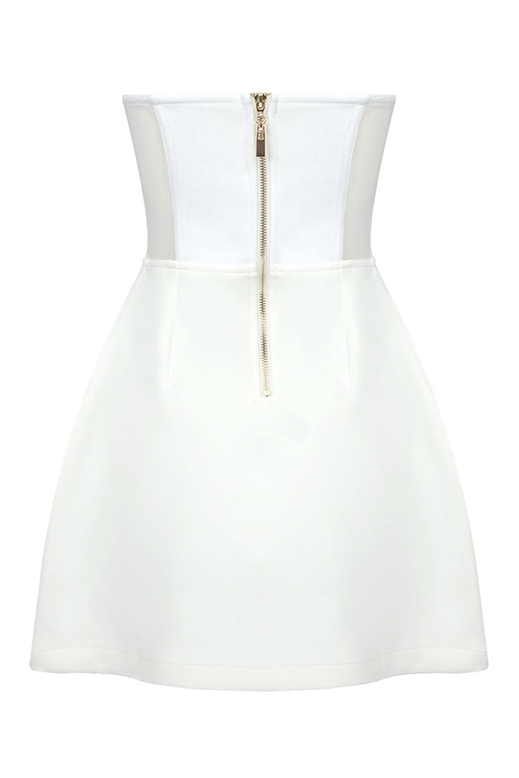 Rhinestone Spiral Applique Sheer Mesh Strapless Sweetheart Tulip Hem Mini Dress