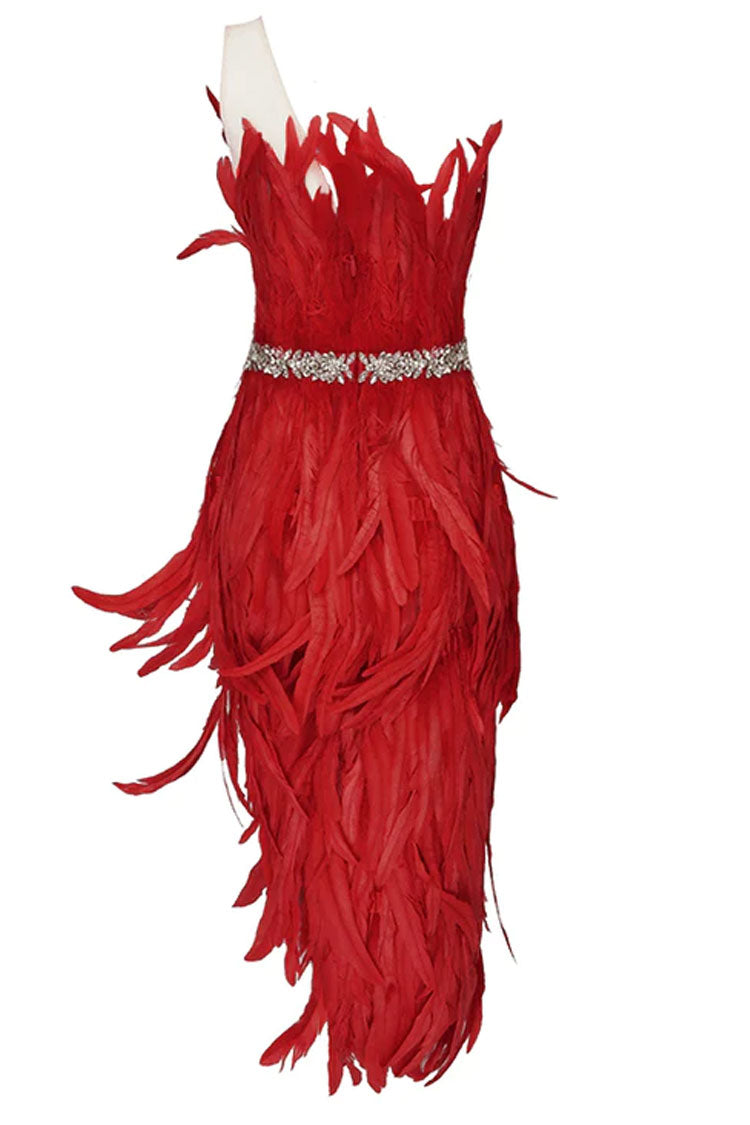 One Shoulder Feather Trim Rhinestone Belt Asymmetric Hem Mini Dress