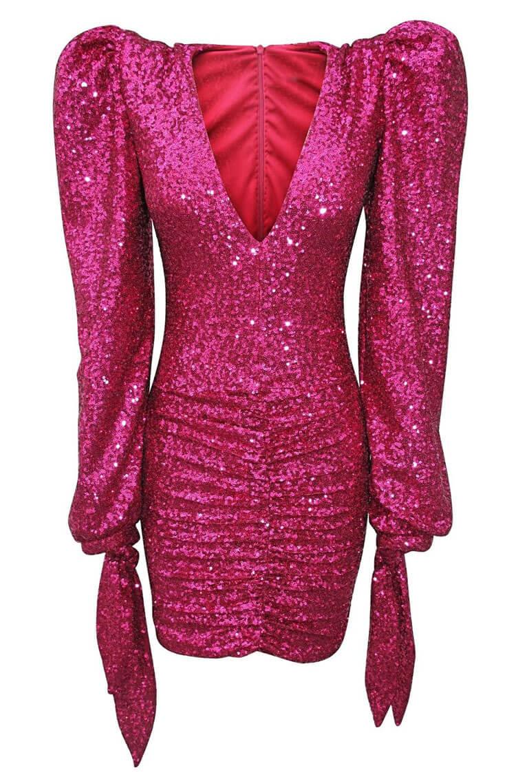 Sequin Deep V-Neck Puff Shoulder Tie Cuff Sash Bodycon Mini Dress