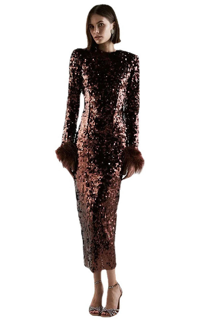 Sequin Mock Neck Feather Cuff Long Sleeve Bodycon Maxi Dress