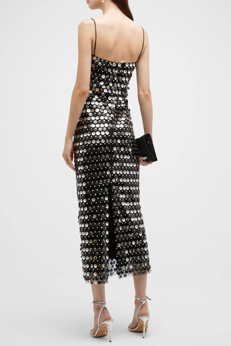 Large Disc Sequin Square Neck Spaghetti Strap Bodycon Midi Dress