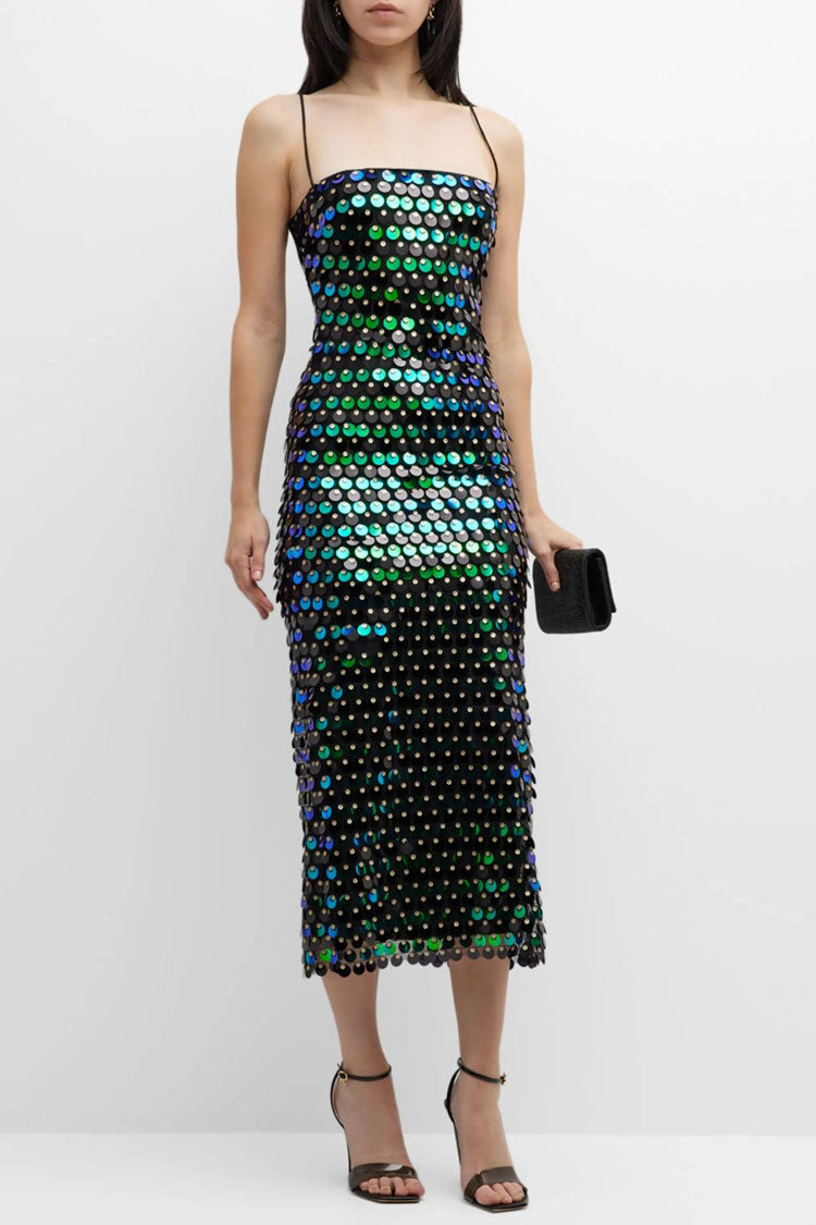 Large Disc Sequin Square Neck Spaghetti Strap Bodycon Midi Dress