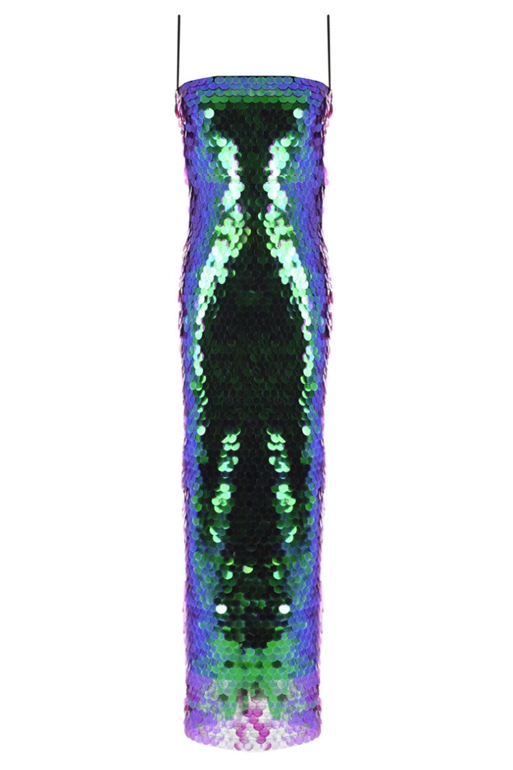Large Disc Sequin Square Neck Spaghetti Strap Column Midi Dress