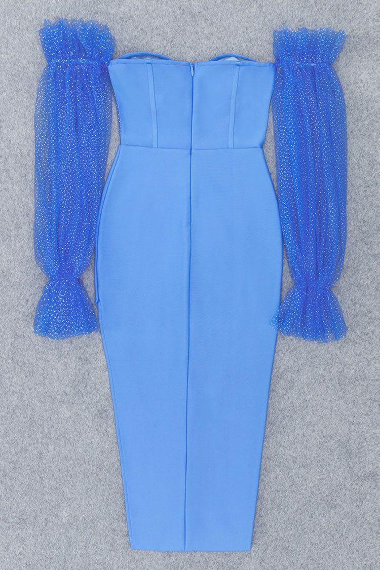 Off-Shoulder Polka Dot Mesh Puff Sleeve Corset Bandage Midi Dress