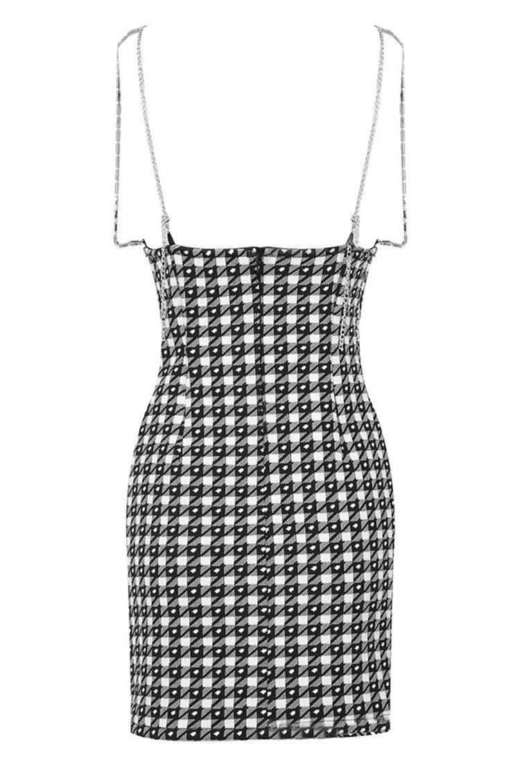 Rhinestone Strap Houndstooth Print Deep V Cami Slip Mini Dress