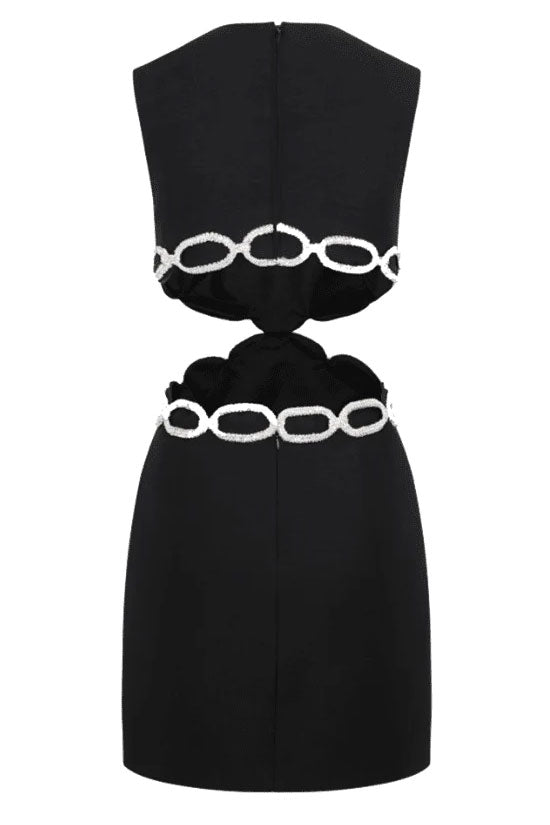 Rhinestone Chain-Link Waist Cutout Crew Neck Sleeveless Bandage Mini Dress