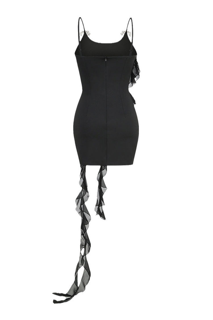 Rhinestone Floral Brooch Spaghetti Strap Tiered Ruffle Bodycon Mini Dress