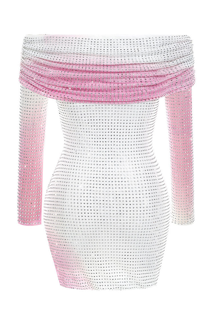 Rhinestone Mesh Ombré Foldover Off-Shoulder Long Sleeve Bodycon Mini Dress