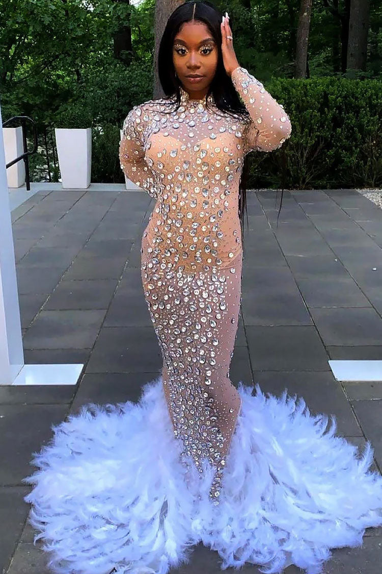 Rhinestone Embellished Sheer Mesh Long Sleeve High Neck Feather Train Mermaid Gown
