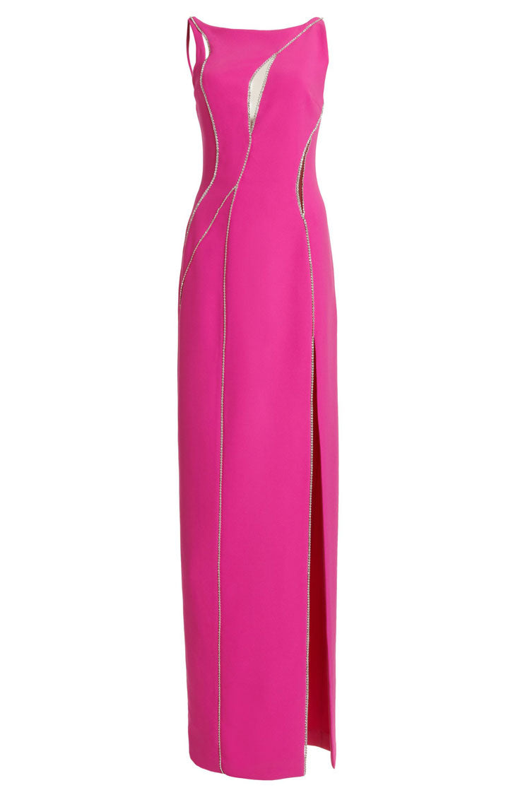 Boat Neck Rhinestone Trim Cutout High Slit Column Maxi Gown