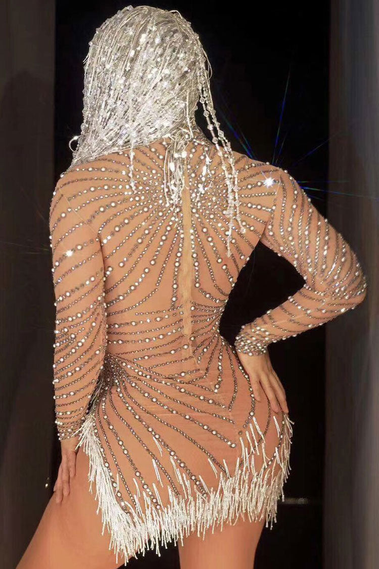 Rhinestone Beaded Sheer Mesh Fringe Trim Long Sleeve Mini Dress