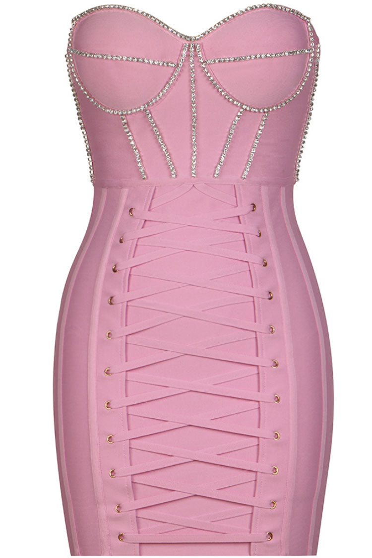 Strapless Sweetheart Rhinestone Trim Lace-Up Front Bandage Mini Dress