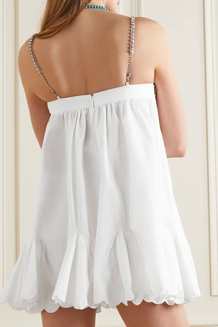 Rhinestone Strap Sweetheart Cutout Ruffled Babydoll Mini Dress