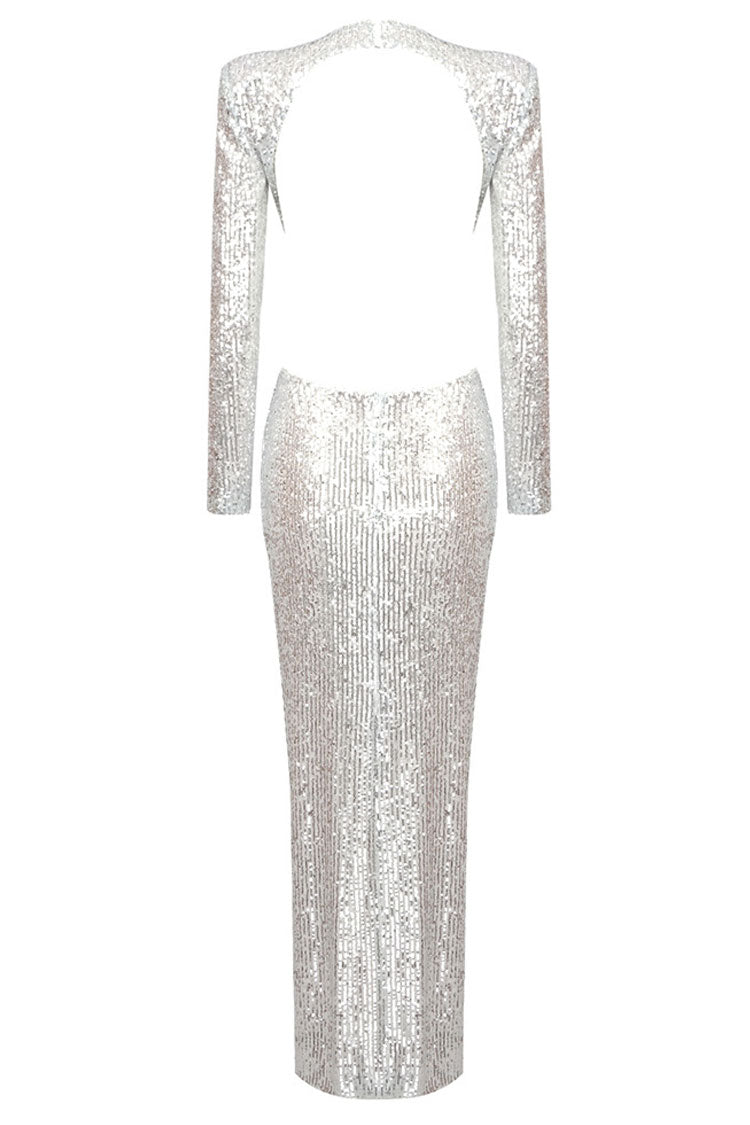 Sequin Rosette Waist Cutout Long Sleeve Crew Neck Maxi Gown
