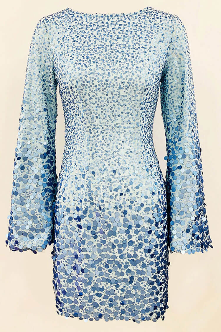 Mixed Scale Sequin Round Neck Long Sleeve Mini Dress