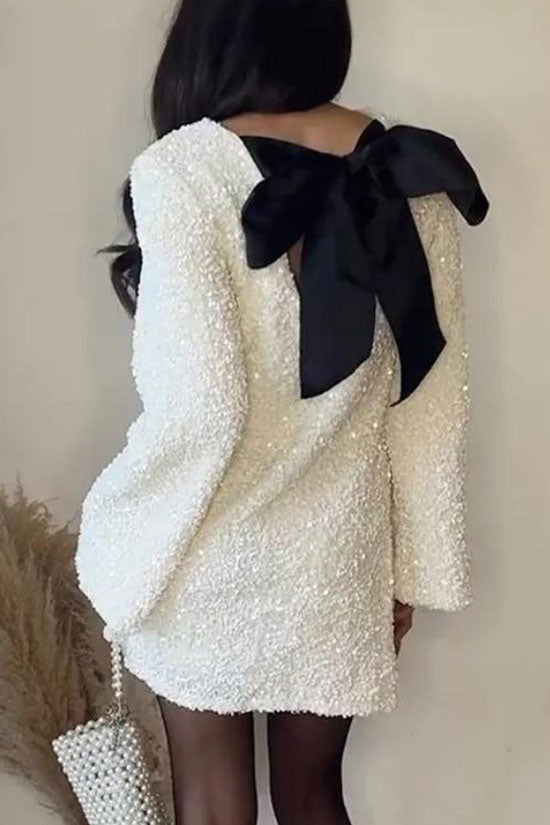 Textured Applique Open Back Large Satin Bow Long Sleeve Mini Dress