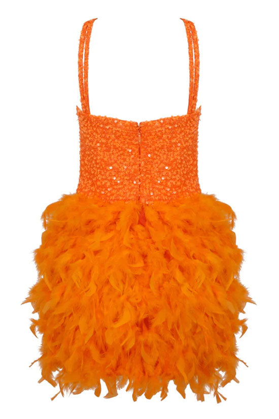 Sequin Spaghetti Strap Criss-Cross Neck Feather Trim Bustier Mini Dress