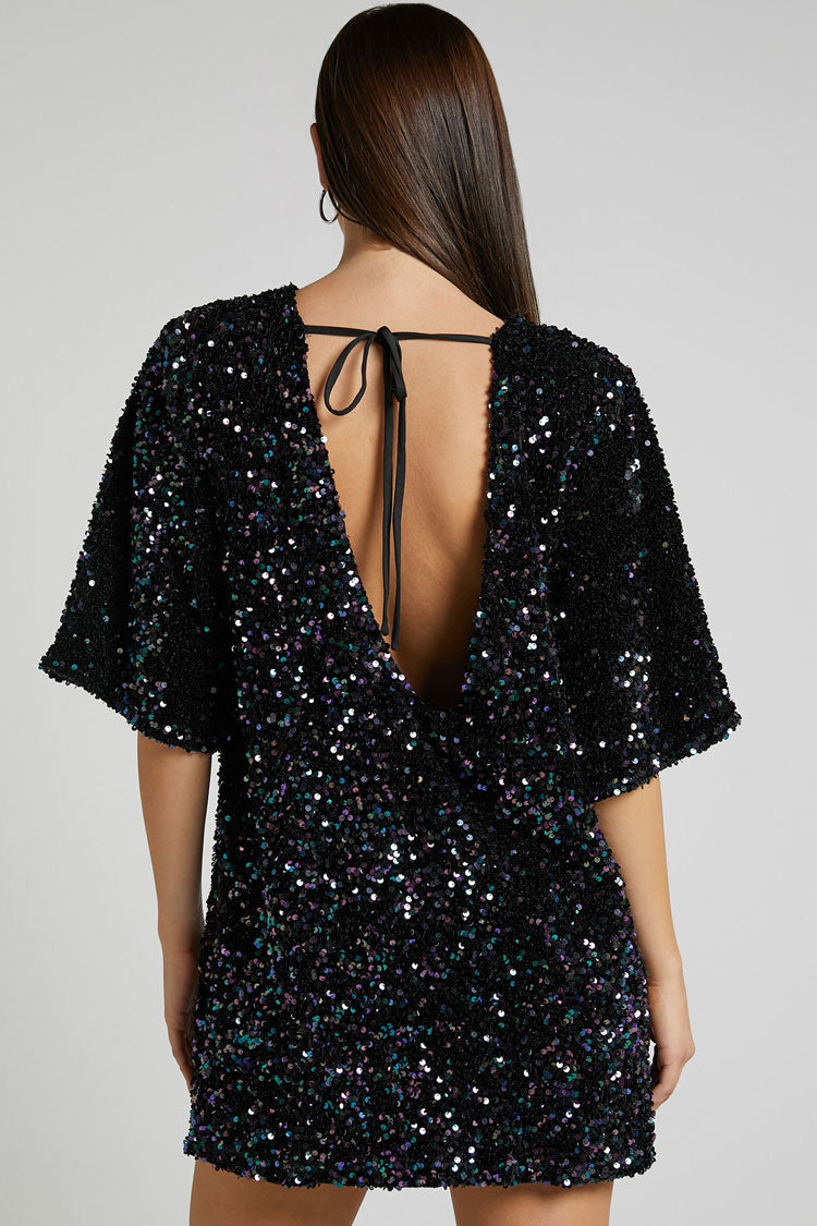 Sequin Crew Neck Short Sleeve Oversized Velvet Shift Mini Dress