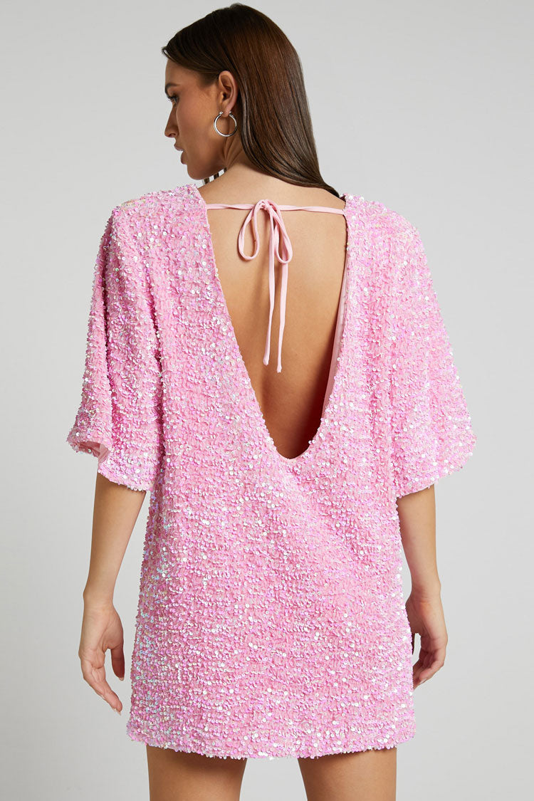 Sequin Crew Neck Short Sleeve Oversized Velvet Shift Mini Dress