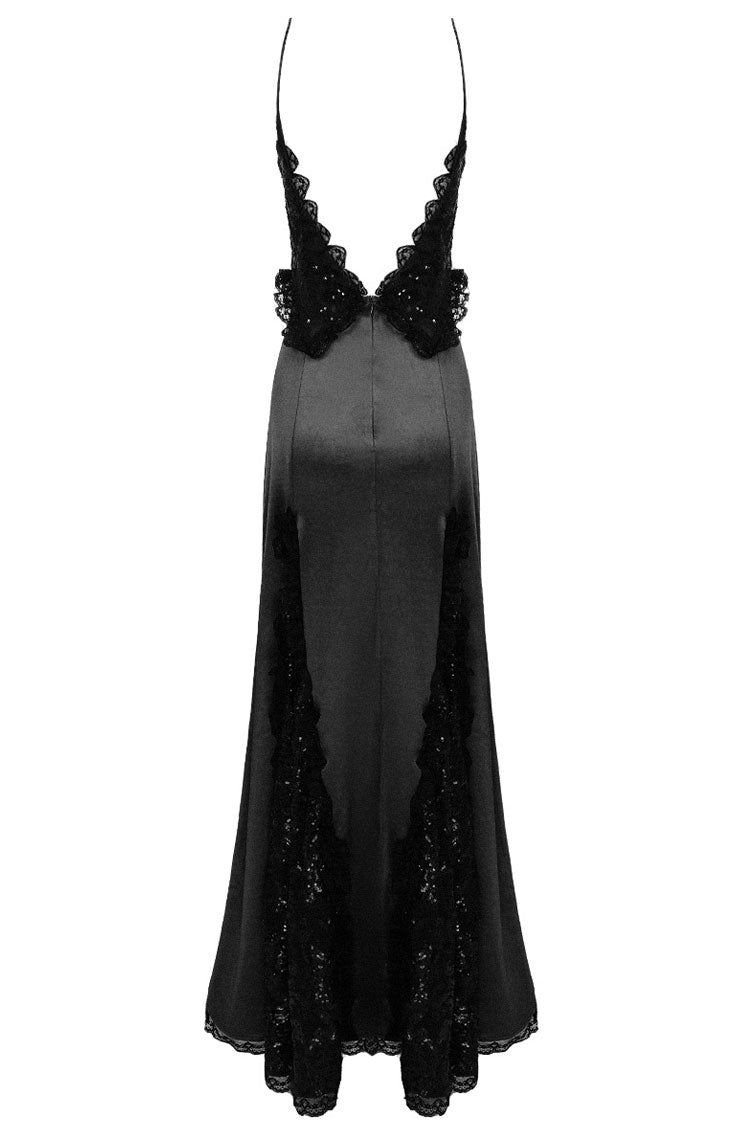 Sequin Lace Trim Deep V-Neck Spaghetti Strap High Split Satin Maxi Gown