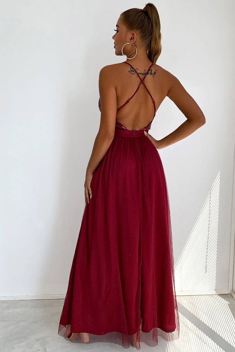 Sequin Deep V-Neck Spaghetti Strap High Slit Layered Tulle Maxi Gown