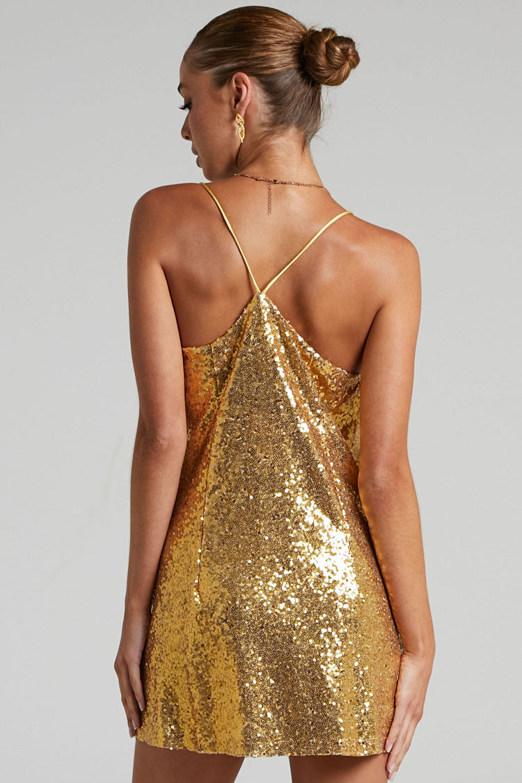Sequin Deep V-Neck Spaghetti Strap A-Line Shift Mini Dress